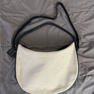 Massimo Dutti linen and leather half moon bag